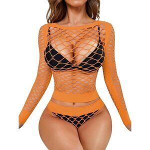 🆕Women Orange Mesh Lingerie Fishnet Babydoll Bodysuit Long Sleeve See Through